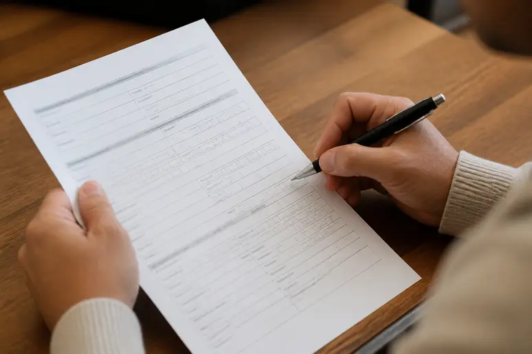 Dossier de demande de financement Transition Pro rempli à la main sur une table en bois