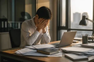 Un employé fatigué à son bureau en fin de journée pour la récupération heures supplémentaires.
