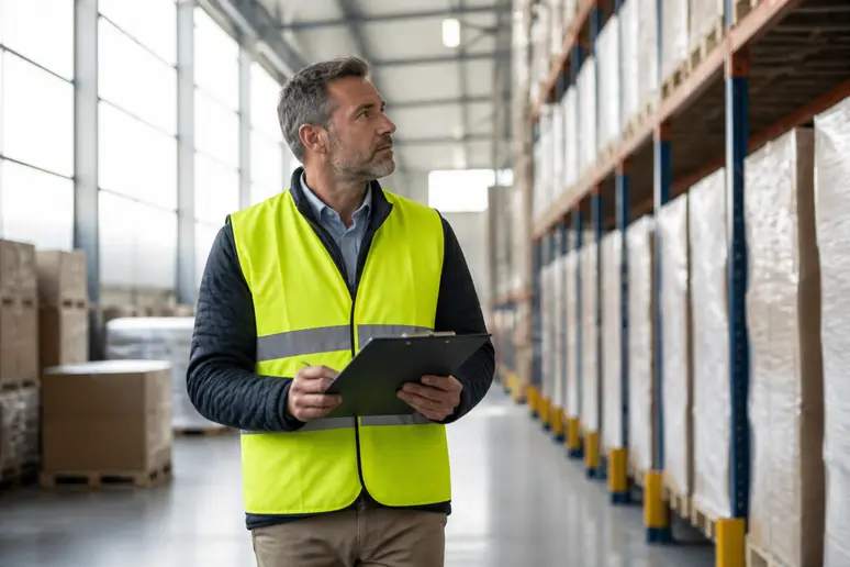 Responsable logistique en gilet de haute visibilité dans un entrepôt pour SVA Jean Rozé recrutement
