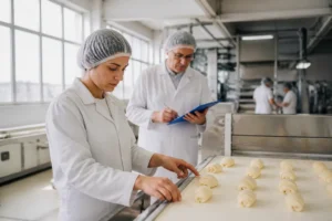 Employés en blouse blanche travaillant dans une usine agroalimentaire pour Vandemoortele Torcé recrutement