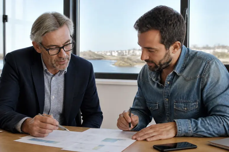 Un conseiller et un entrepreneur étudient un dossier de financement pour une création d'entreprise en Bretagne