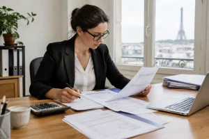 Un comptable vérifie des factures sur un bureau pour l'autoliquidation TVA sous traitance en entreprise.