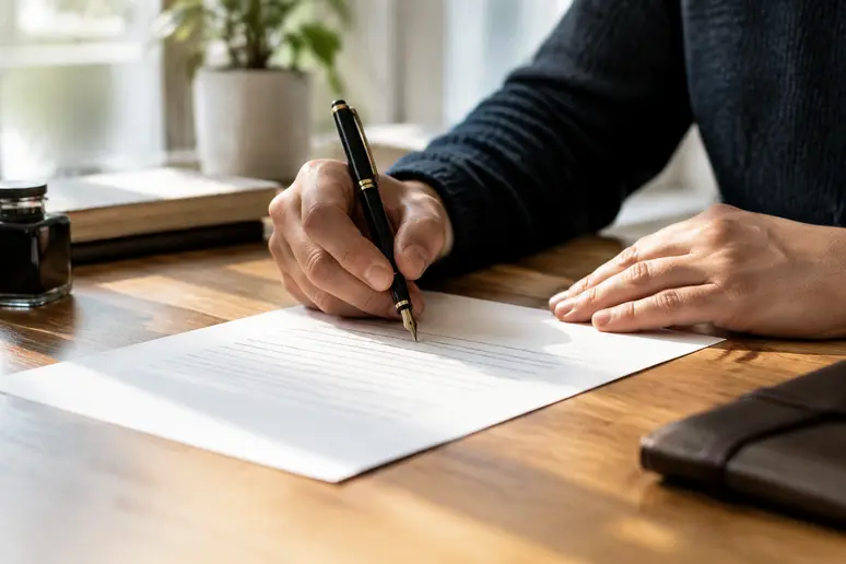 Rédaction d'une demande écrite de congé sabbatique sur papier avec un stylo plume