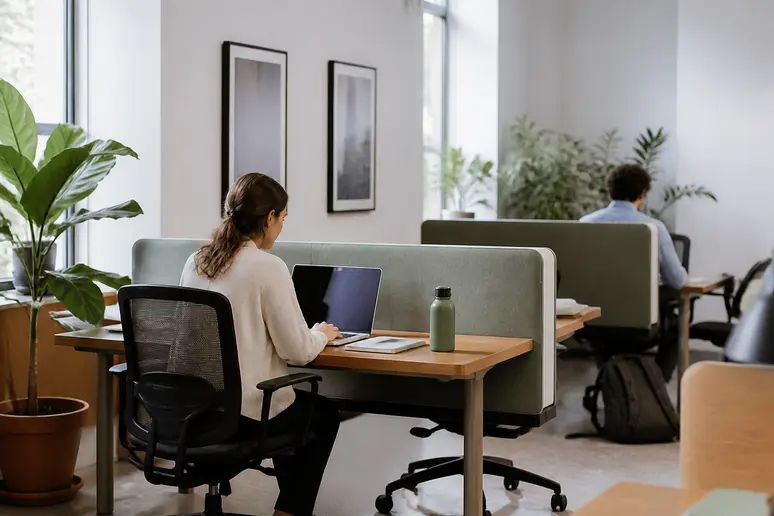 Postes de travail en espace partagé dotés de séparations acoustiques pour choisir un coworking à proximité.