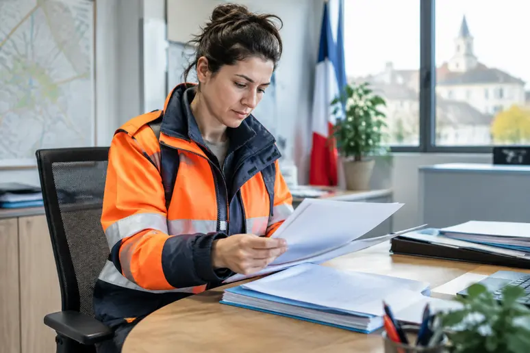 Agent municipal préparant les offres d'emploi pour la commune de Janzé dans un bureau clair