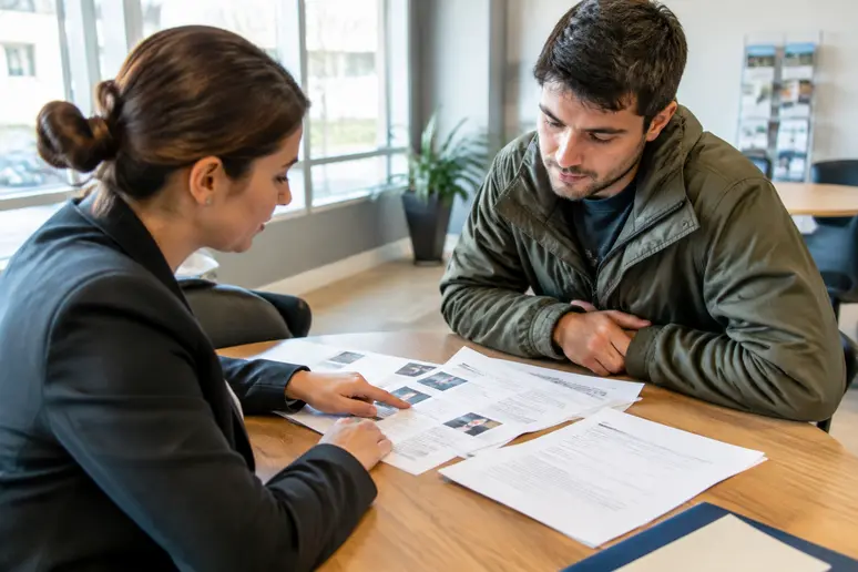 Conseiller et candidat consultant des offres pour l'emploi à Retiers autour d'une table en bois