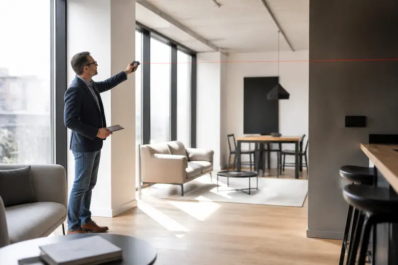 Architecte mesurant les surfaces d'un local professionnel mixte pour le calcul de la TVA travaux